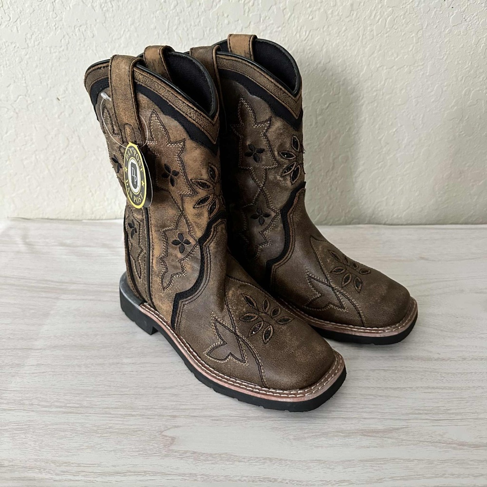 NEW Dan Post Youth Girls Brown Leather Posy Black Glitter Square Toe Boots 1.5y